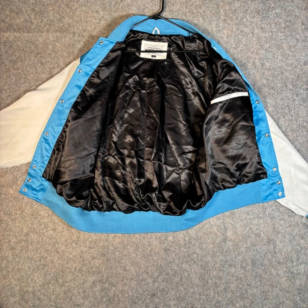 Varsity Base Bomber Jacket Mens XL Blue White Satin Letterman Collegiate Retro